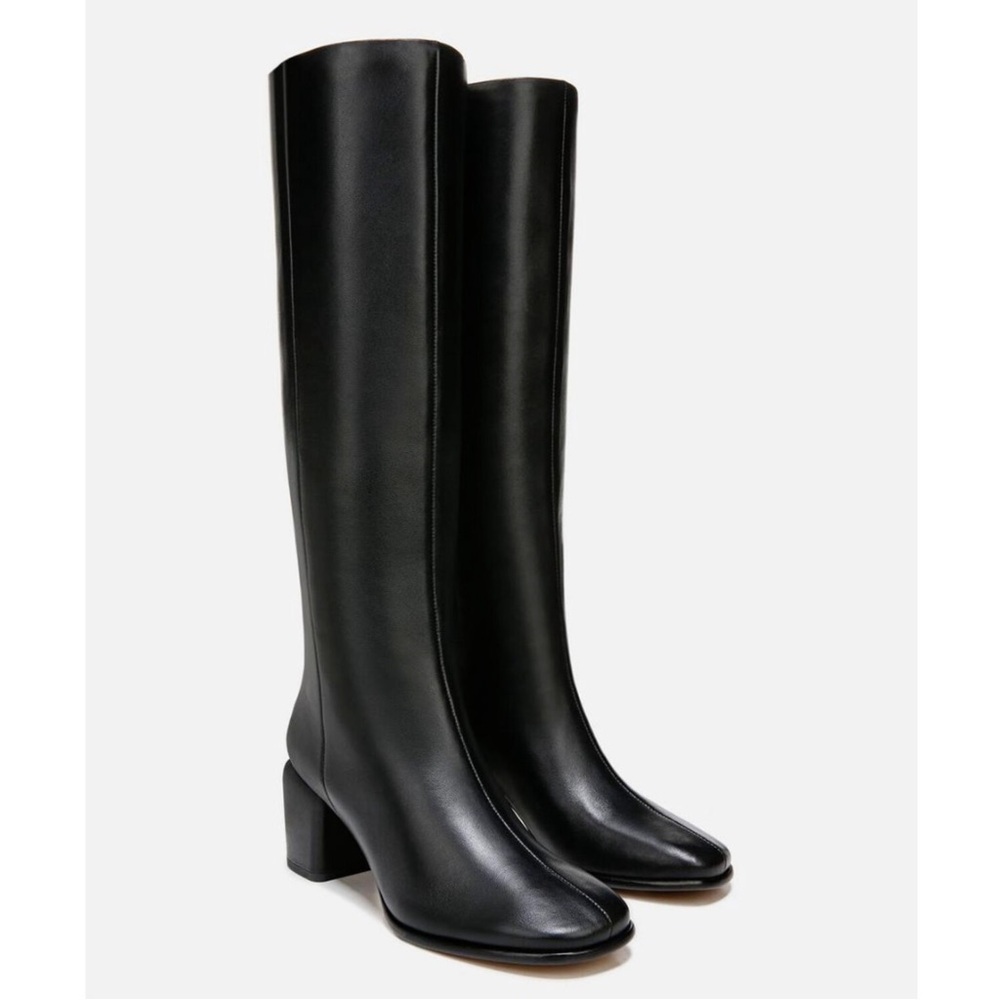 Vince maggie black leather knee high block heel boot- wide calf
